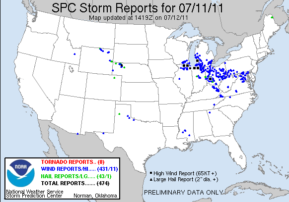 Wind Damage Reports - July 11, 2011